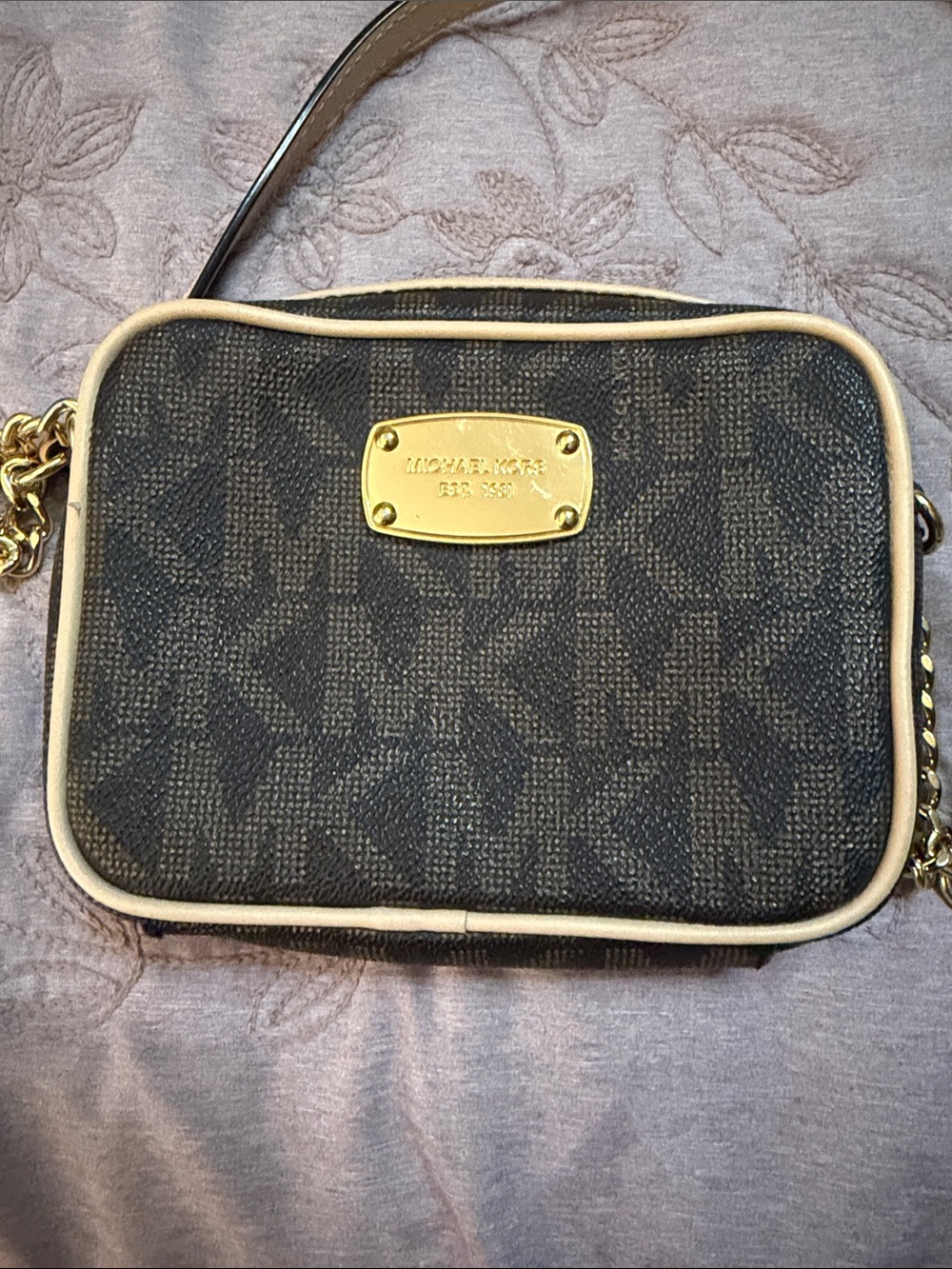 MICHAEL KORS Dark Brown Logo Crossbody with Cream Trim and Gold Plate